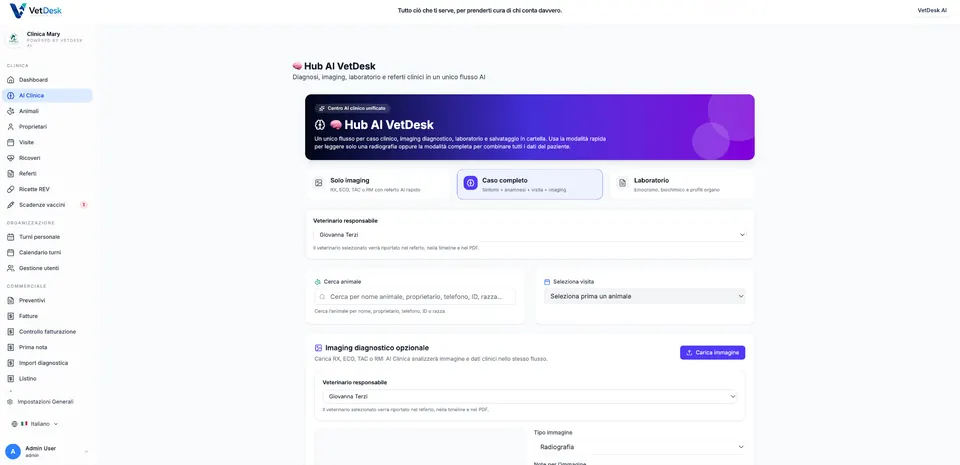 Hub AI di VetDesk con imaging, casi complessi e laboratorio
